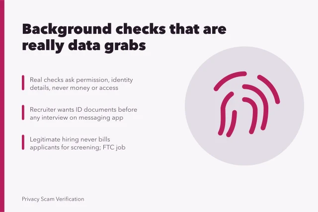Card warning that fake background checks collect data or demand payment. Background check examples: the ones that are secretly a data grab