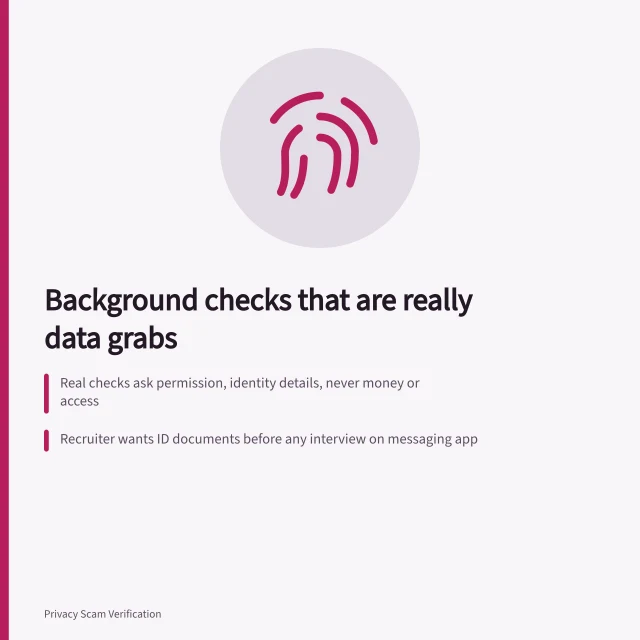 Card warning that fake background checks collect data or demand payment. Background check examples: the ones that are secretly a data grab