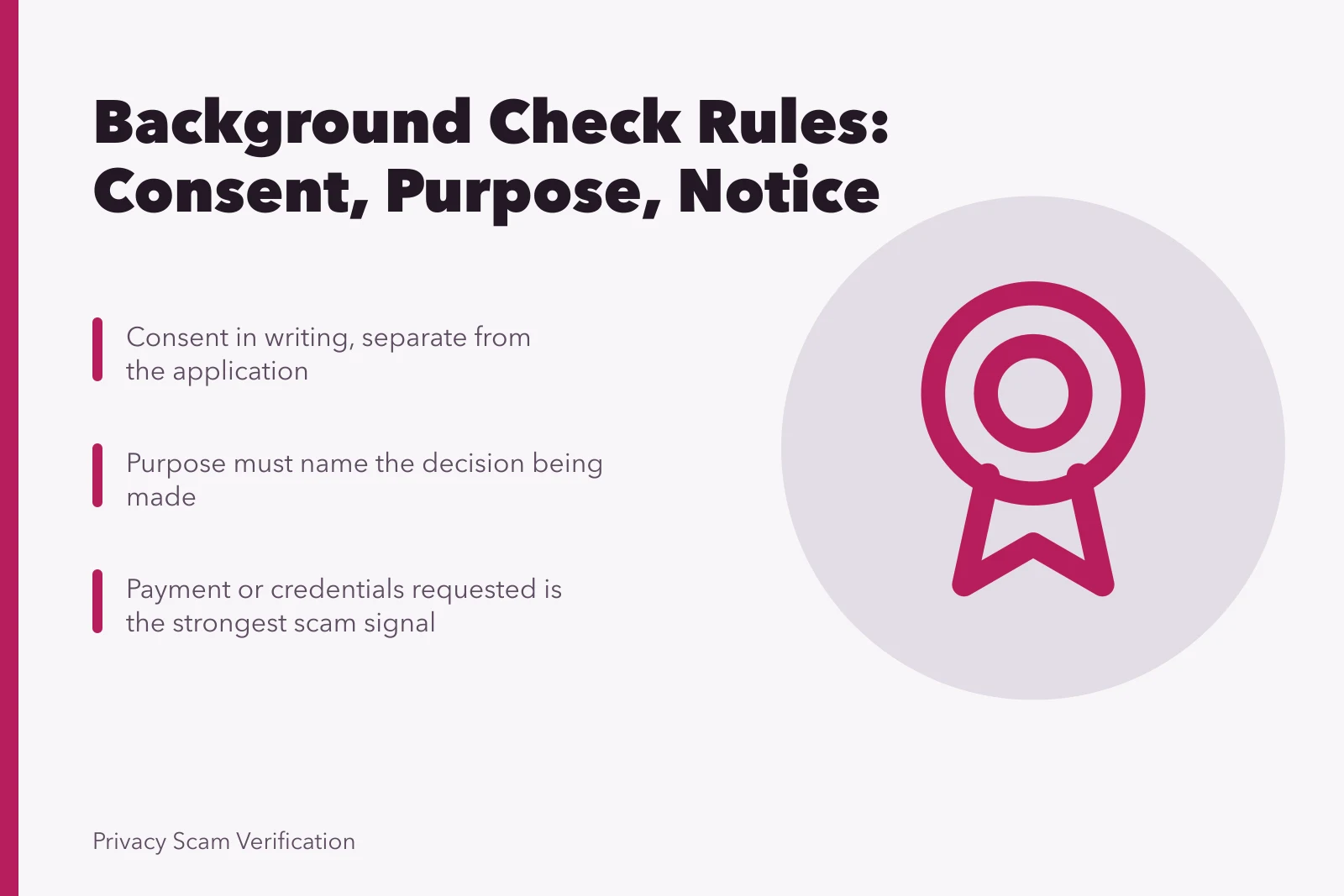 Card summarizing background check consent, purpose, notice, and correction rules. 6 notes on background checks rules worth reading