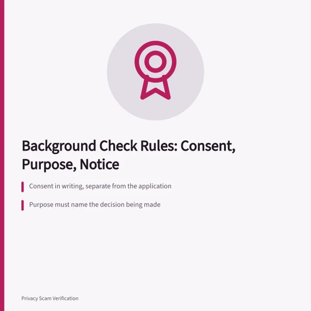 Card summarizing background check consent, purpose, notice, and correction rules. 6 notes on background checks rules worth reading