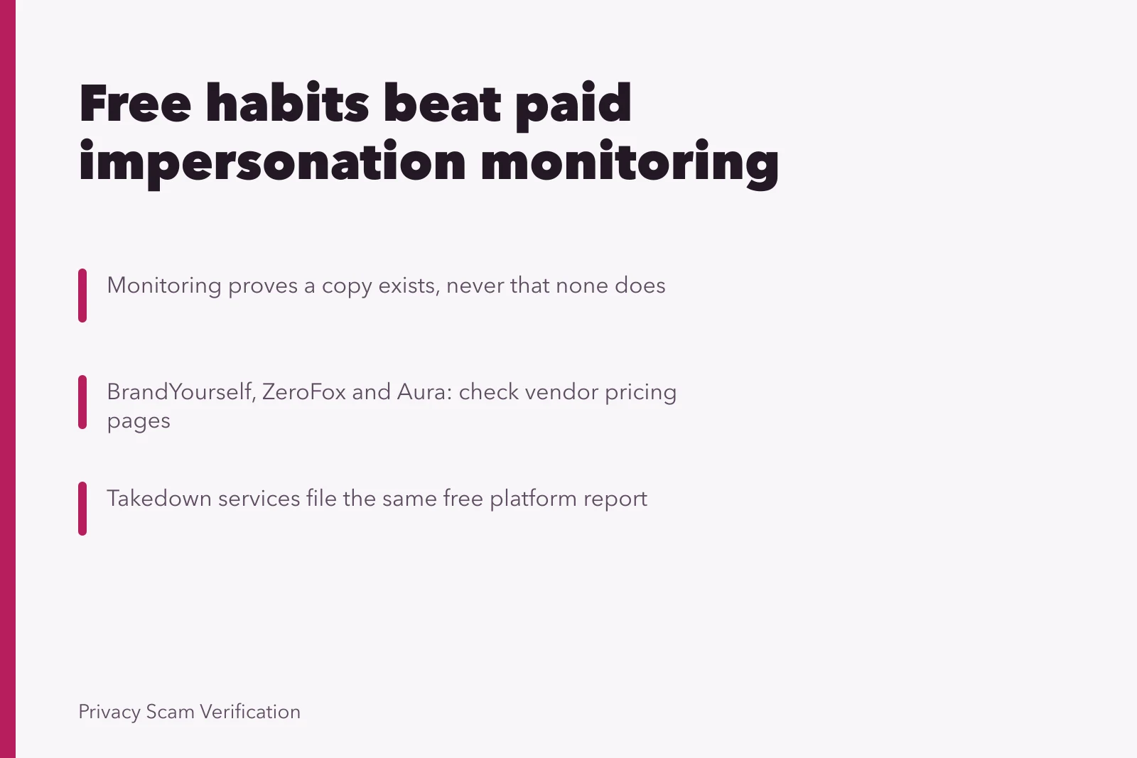 Card comparing free account habits with paid impersonation monitoring tools. Four free habits versus paid impersonation monitoring tools