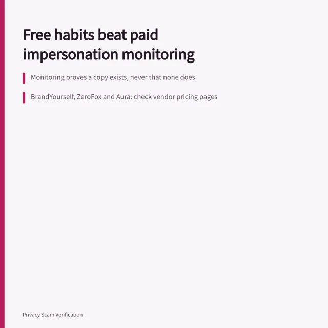 Card comparing free account habits with paid impersonation monitoring tools. Four free habits versus paid impersonation monitoring tools