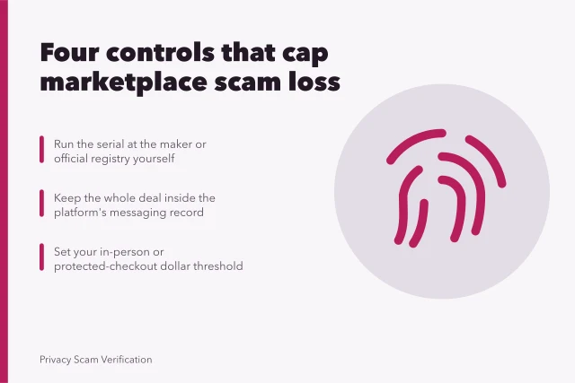Padlock and alert icons for marketplace scam verification controls. Marketplace scam tools: the four controls that matter more