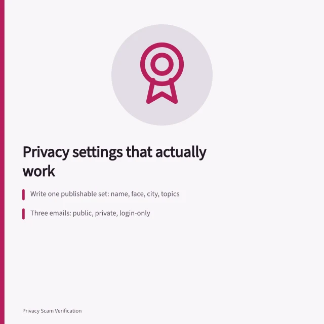 Privacy settings card: publishable set, three emails, named team accounts. What privacy settings rules involves in practice: the parts worth your time