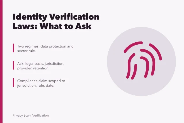 Card summarizing identity verification laws and compliance questions. The short version of identity verification laws