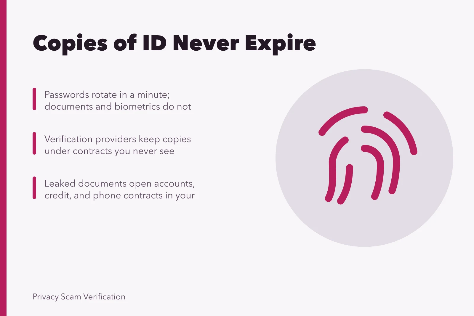 Identity verification copies and biometric data create permanent exposure risks. Identity verification risks as practitioners see it