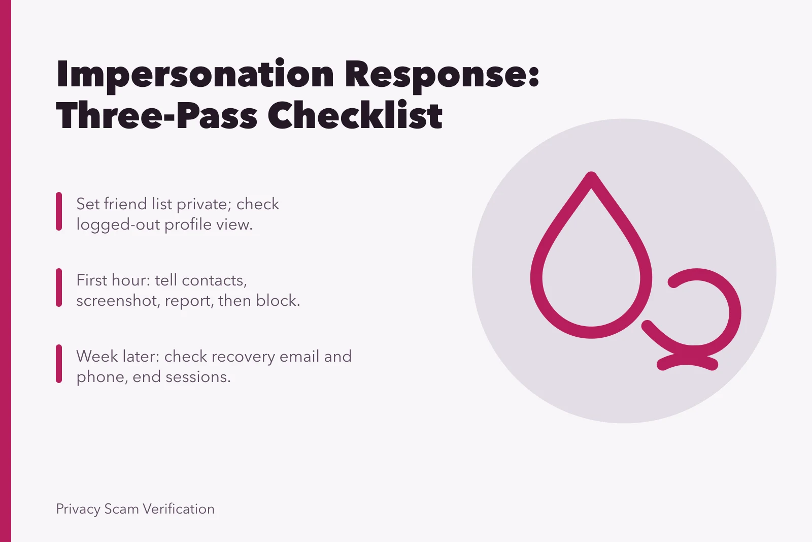 Checklist for impersonation response: privacy, first-hour steps, week-later recovery checks. A three-pass checklist for handling impersonation before it spreads