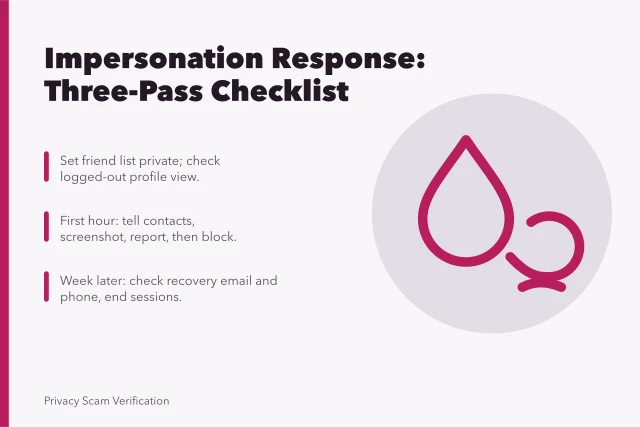 Checklist for impersonation response: privacy, first-hour steps, week-later recovery checks. A three-pass checklist for handling impersonation before it spreads