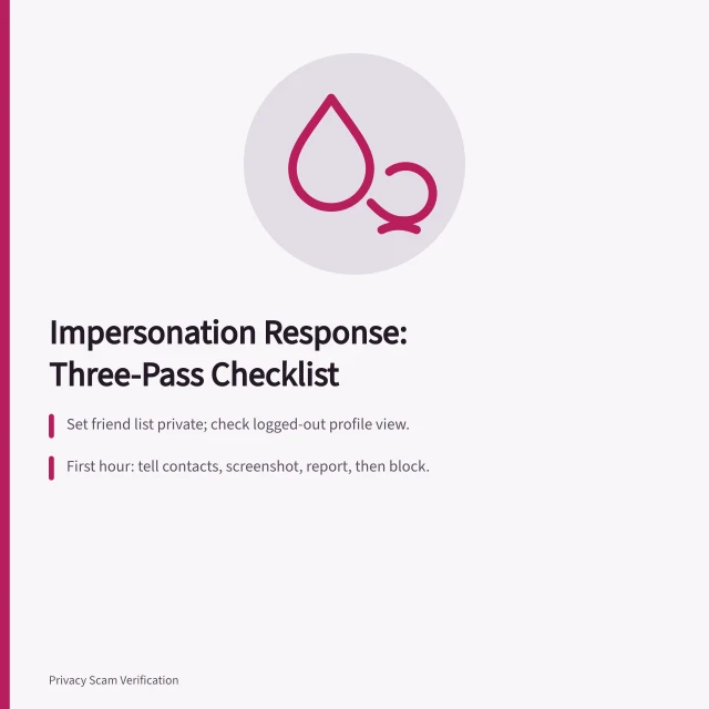 Checklist for impersonation response: privacy, first-hour steps, week-later recovery checks. A three-pass checklist for handling impersonation before it spreads