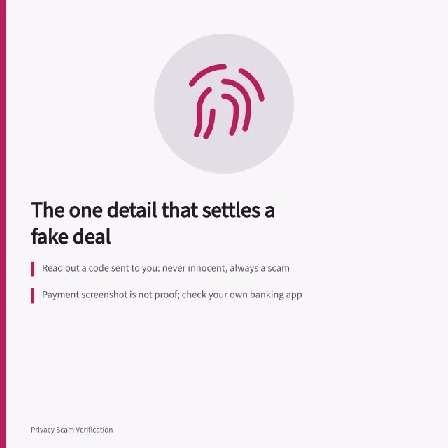 Card listing three scam-settling checks for marketplace deals. Marketplace listings: the single giveaway that a deal is fake