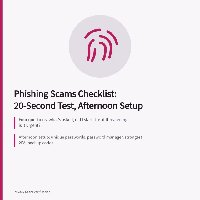 Phishing checklist card with 20-second test and afternoon security setup steps. Phishing scams checklist for the careful reader, 2027 edition