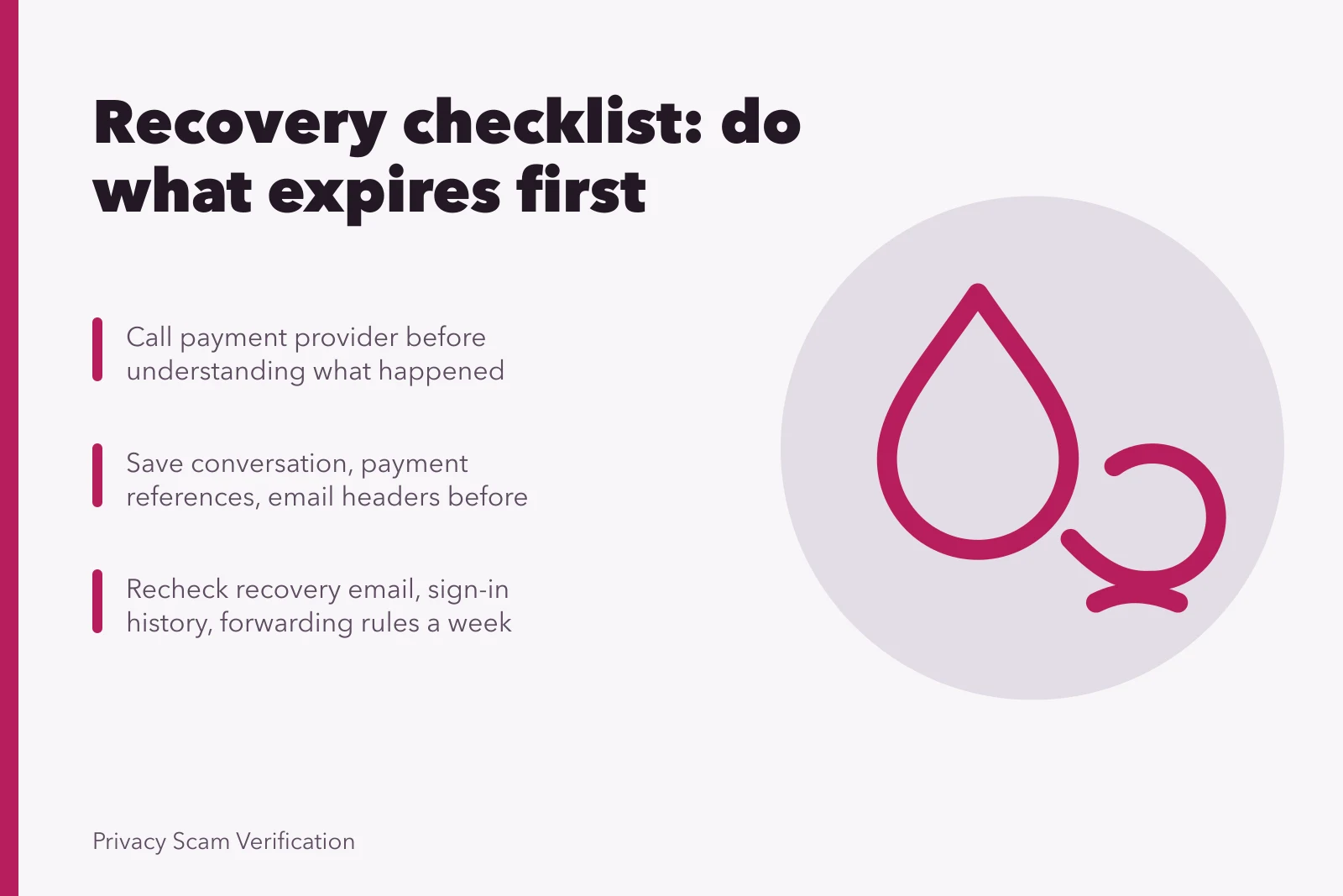 Recovery checklist card ordering urgent fraud steps by expiry. Recovery checklists work best ordered by what expires first