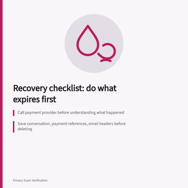Recovery checklist card ordering urgent fraud steps by expiry. Recovery checklists work best ordered by what expires first