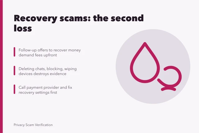 Card warning that recovery offers after a scam cause a second loss. Recovery brings its own risks, especially right after a scam