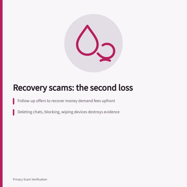 Card warning that recovery offers after a scam cause a second loss. Recovery brings its own risks, especially right after a scam