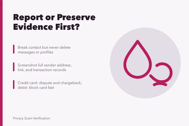 Scam recovery steps: preserve evidence, report, dispute payments, secure accounts. Which comes first after a scam: reporting it, or preserving evidence?