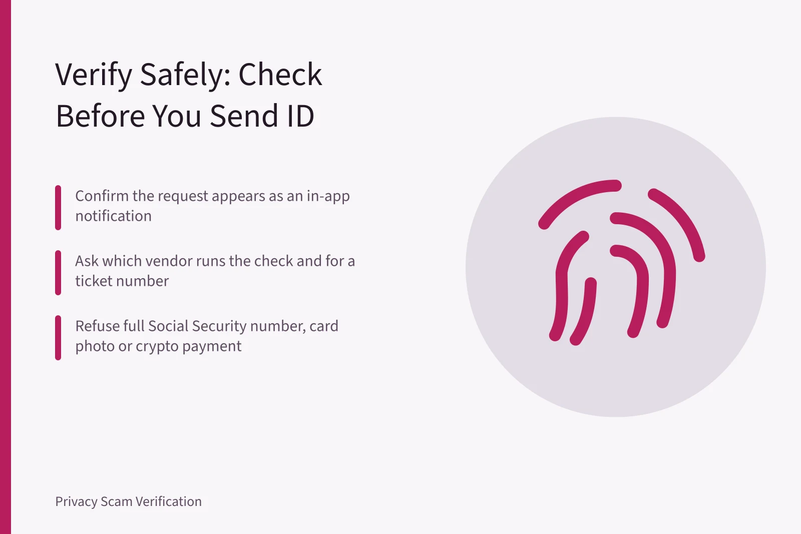 Checklist card for spotting fake social media identity verification requests. Social Media Privacy and Identity Verification: What US Users Should Check Before They Verify