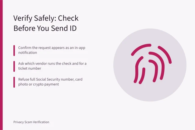 Checklist card for spotting fake social media identity verification requests. Social Media Privacy and Identity Verification: What US Users Should Check Before They Verify