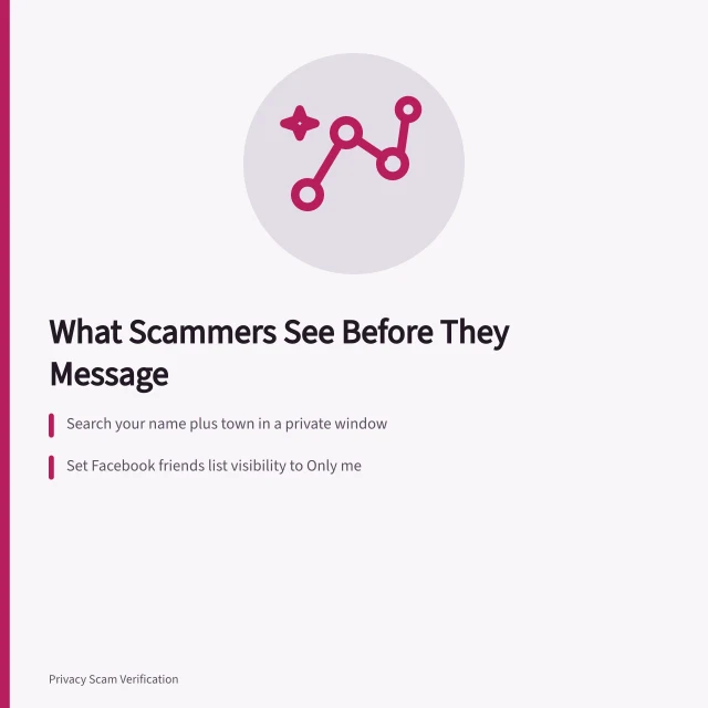 Card on social media privacy checks and scammer profile visibility. Social media privacy check: what a scammer sees before they message you