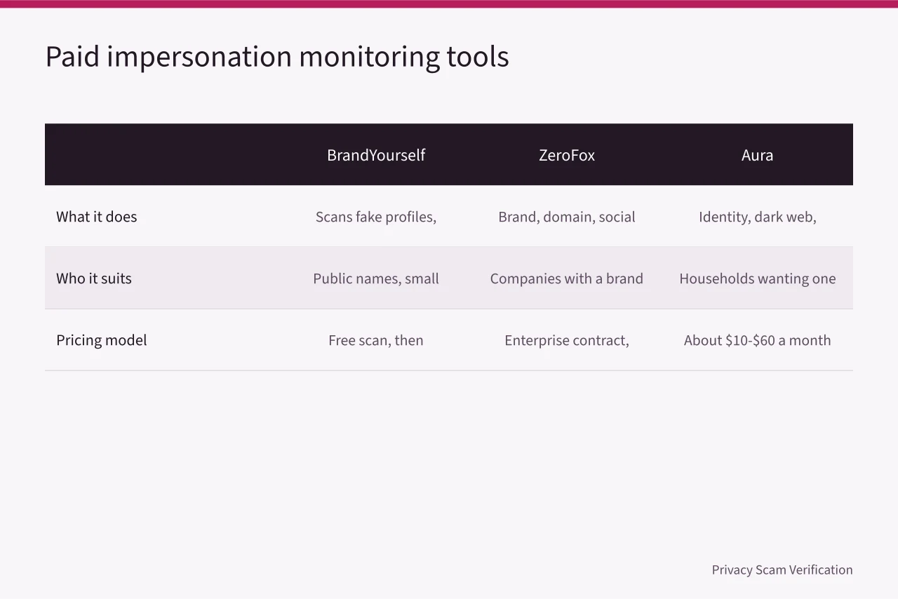 Comparison table of BrandYourself, ZeroFox and Aura monitoring tools (Four free habits versus paid impersonation monitoring tools)