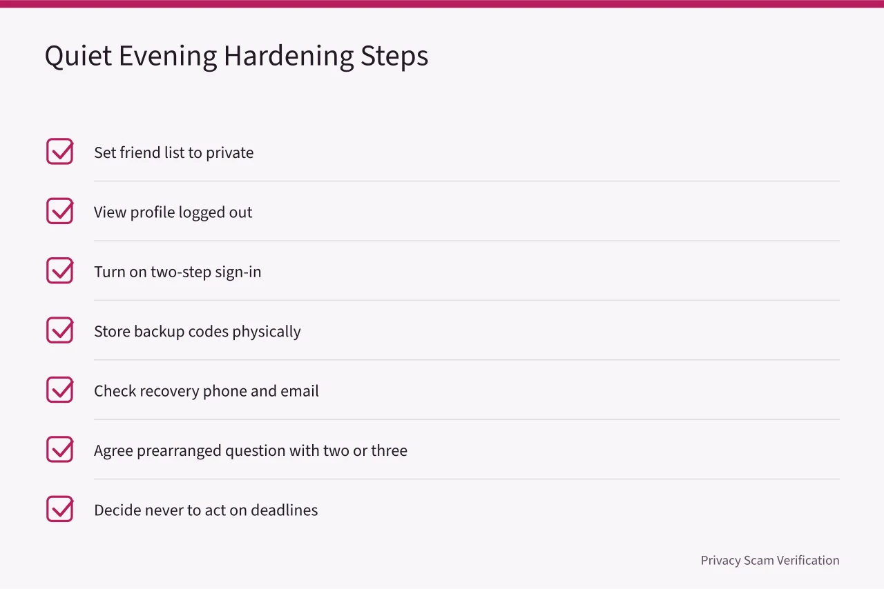 Checklist of seven account hardening steps for the quiet evening pass (A three-pass checklist for handling impersonation before it spreads)