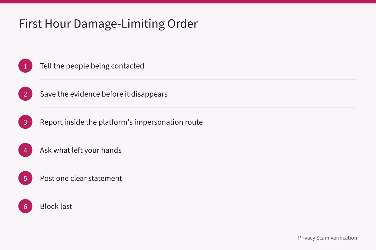 Six ordered steps for the first hour after impersonation (A three-pass checklist for handling impersonation before it spreads)