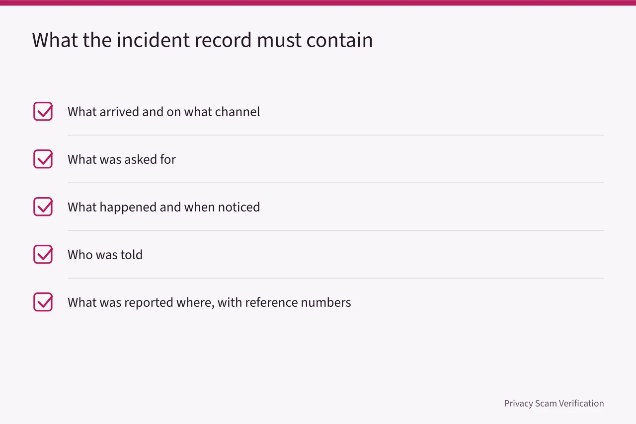 Checklist of details to capture in an incident record (Impersonation policy template: what belongs in each section)