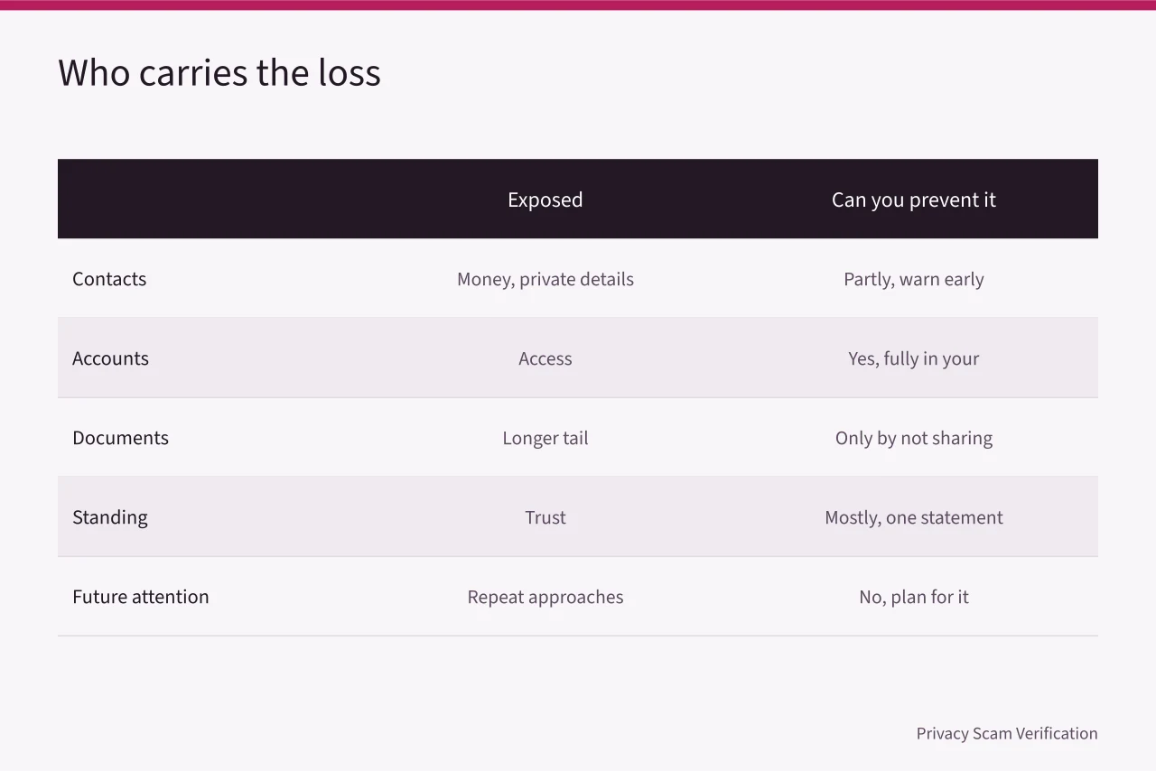 Table comparing who is exposed, what they lose, and whether you can prevent it (Getting impersonation risks right the first time)