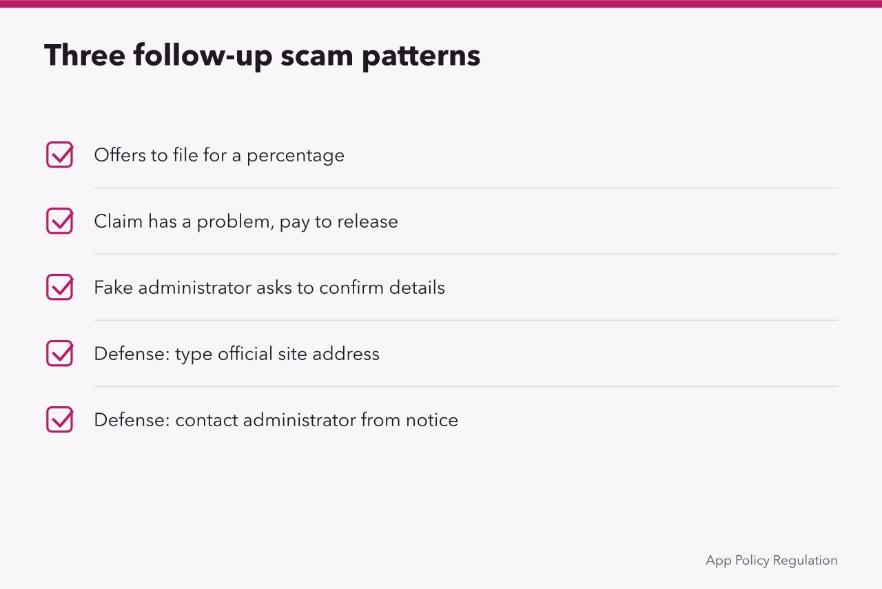 Checklist of three common follow-up scam patterns and defenses (Privacy settlements: the parts worth your attention)