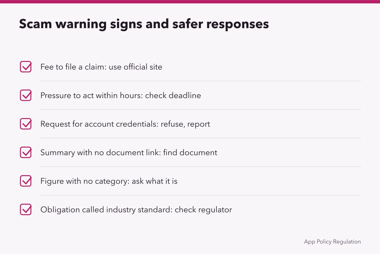 Checklist of scam warning signs and safer responses (Privacy settlement risks include four common misreadings and the scams that follow the news)
